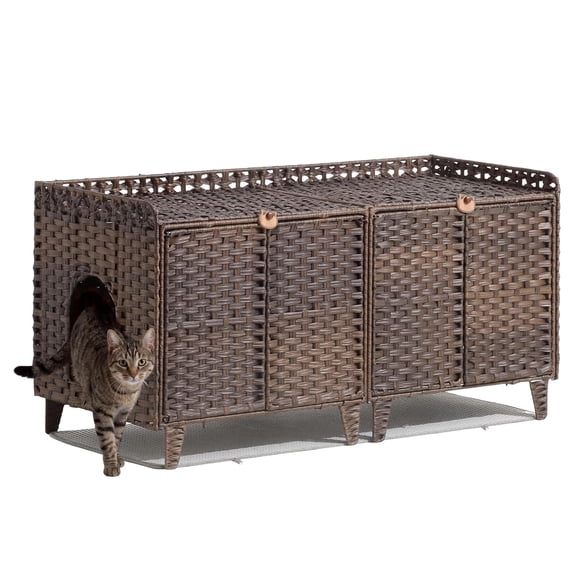 Double Cat Litter Box Enclosure Furniture, Handwoven Rattan Hidden Kitty House with Washable Mat and 2 Hooks for 2 Cats, for Living Room Bedroom