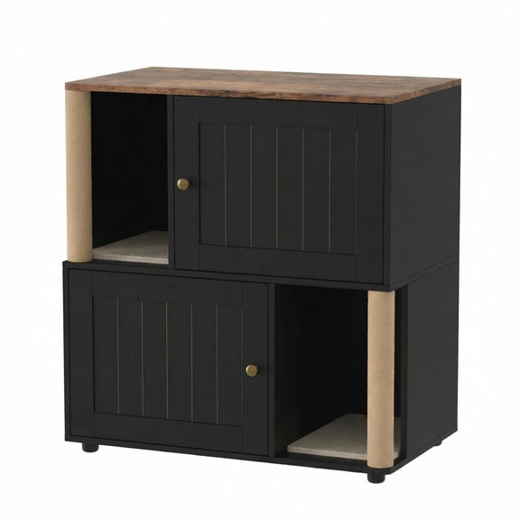 Double Cat Litter Box Enclosure Furniture with Scratching Post, 2-in-1 Hidden Litter Box Cabinet with Litter Mat, Large Litter Box Enclosure for 2 Cats, Slotted Door-Black