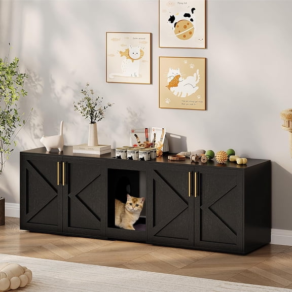Double Cat Litter Box Enclosure, Hidden cat Litter Box Furniture with Doors and Pads, Wooden Kitty Litter Box Cabinet Furniture (Black, 2 Room)