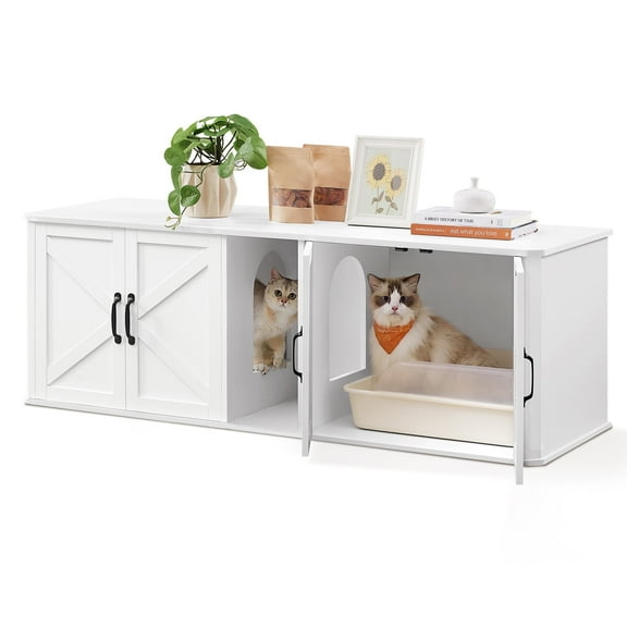 Double Cat Litter Box Enclosure, Modern Cat Litter Box Furniture Hidden for 2 Cats, Front Entry, Cat House, Side End Table, TV Stand, 59 x 19 x 19.5 Inches, White