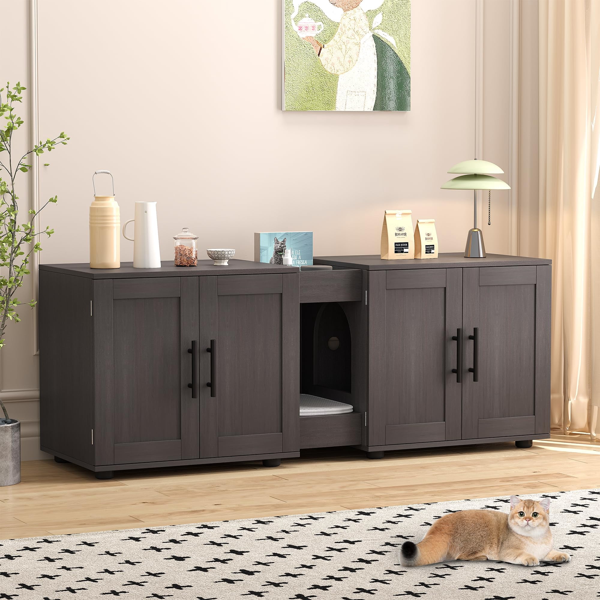 Double Cat Litter Box Enclosure, Modern Litter Box Furniture Hidden for 2 Cats, with Barn Door & Double Rooms for Bedroom Living Room