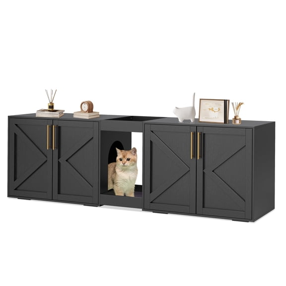 Double Cat Litter Box Enclosure, Modern Wood Cat Washroom Furniture with Pad, Large Indoor Litter Box Cabinet Hidden, Side End Table, TV Stand