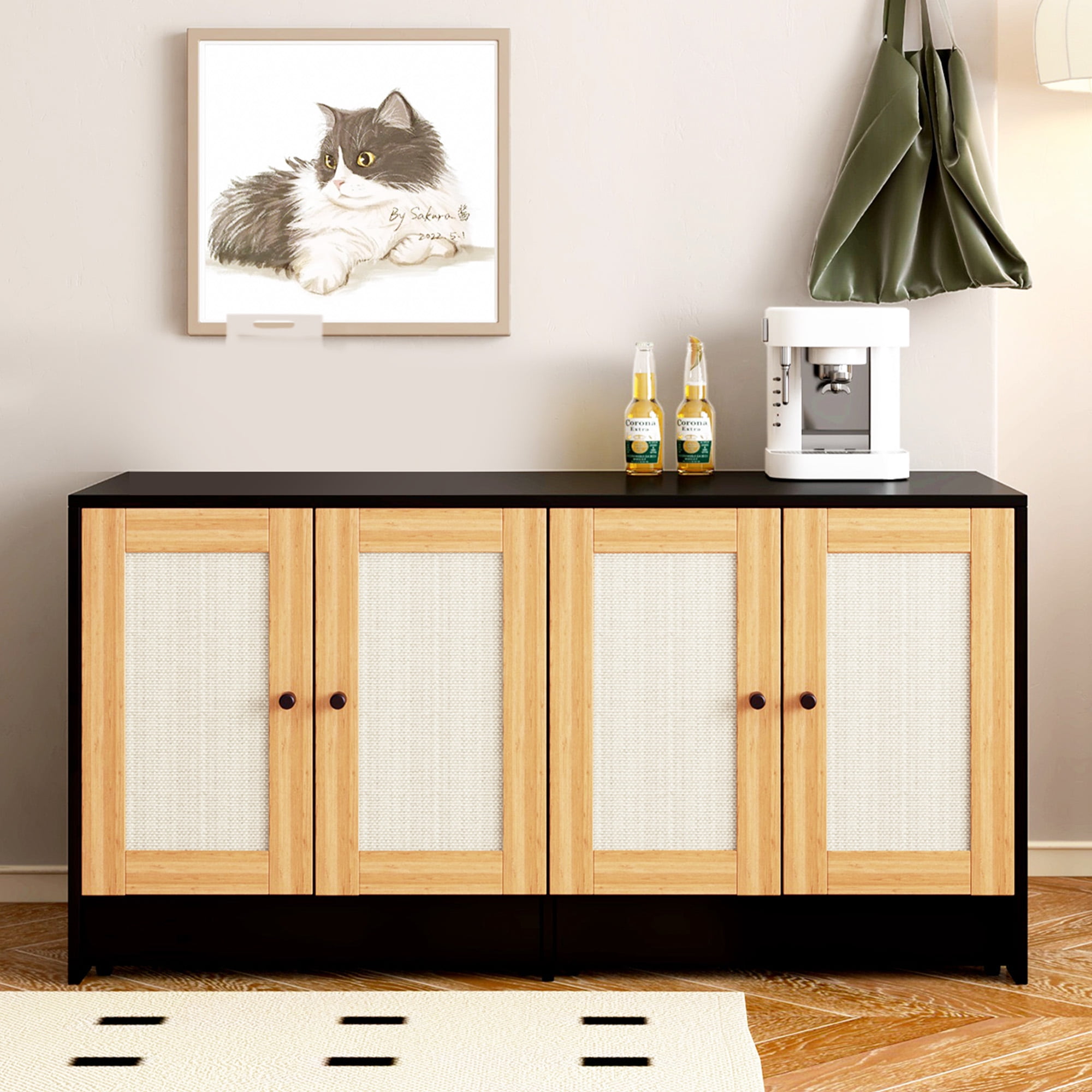Double Cat Litter Box Enclosure for 2 Cats, Rattan Door Hidden Litter Box Furniture with Scratching Board Panel & 4 Wheels
