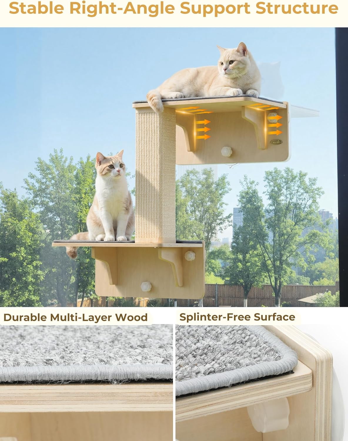 Double Cat Shelves with Scratching Post for Wall and Window with Solid Wood, Strong Suction Cup, Washable Cover Mat, Cats Perch Bed for Birds Watching Inside Indoor Cat Hammock Bed