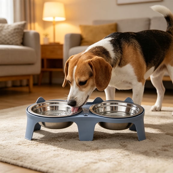 Double Cat and Dog Bowl Set, Raised Iron Feeding Stand with Tilted Bowls for Comfortable Posture, Stable and Non-Slip Design, 1 Set