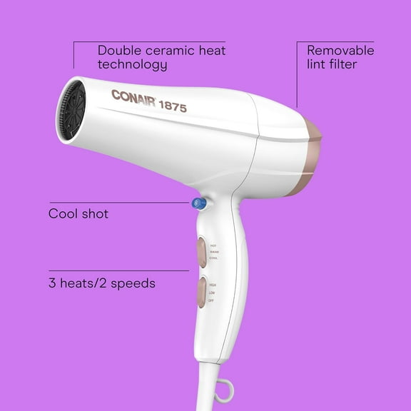 Double Ceramic Hair Dryer with Diffuser & Concentrator, Ionic Conditioning, 1875W, Fast Drying, Frizz