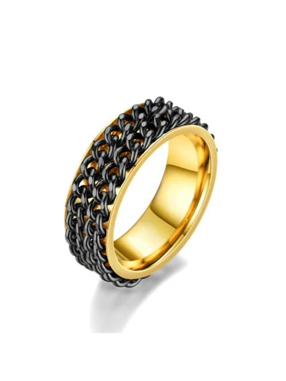 Double Chain Band Men's Stainless Steel Gold Black Polished Spinner Ring Sz 6-12
