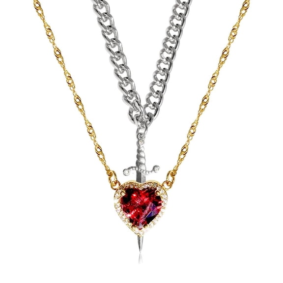 Double Chain Heart And Swords Pendant Set Featuring High Quality Fade Resistant Black Plating For Individuals