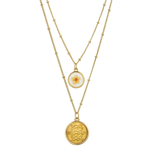 Double Chain Necklace 3 Lions Coin Pendant With Dried Flower Charm | Saturn Style 18 and 16 Inch Goldtone Chain | Certificate of Authenticity | American Coin Treasures