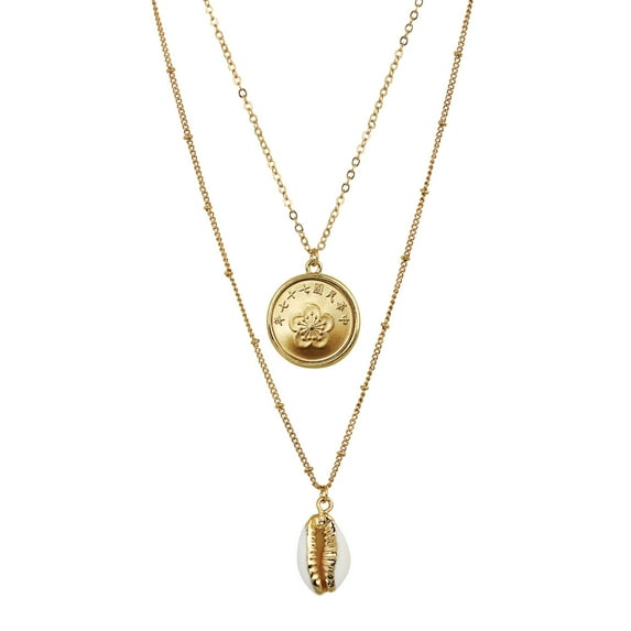 Double Chain Necklace Orchid Coin Pendant With Cowrie Shell | Saturn Style 18 and 16 Inch Goldtone Chain | Certificate of Authenticity | American Coin Treasures