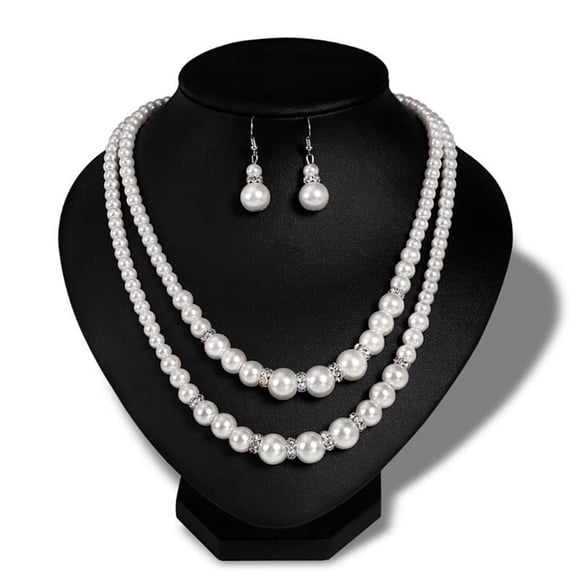 Double Chain Pearl Jewelry Set Women Simulated Pearl Necklace Earrings Jewel AL