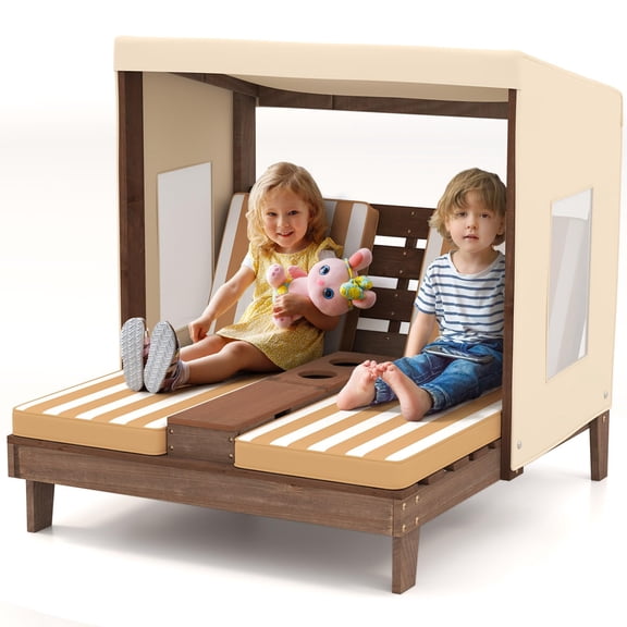 Double Chaise Lounge Chair Outdoor with Canopy, Cup Holders and Removable Fabric Cushions, 2-PersonWooden Poolside Lounger for Backyard Garden Patio, Coffee