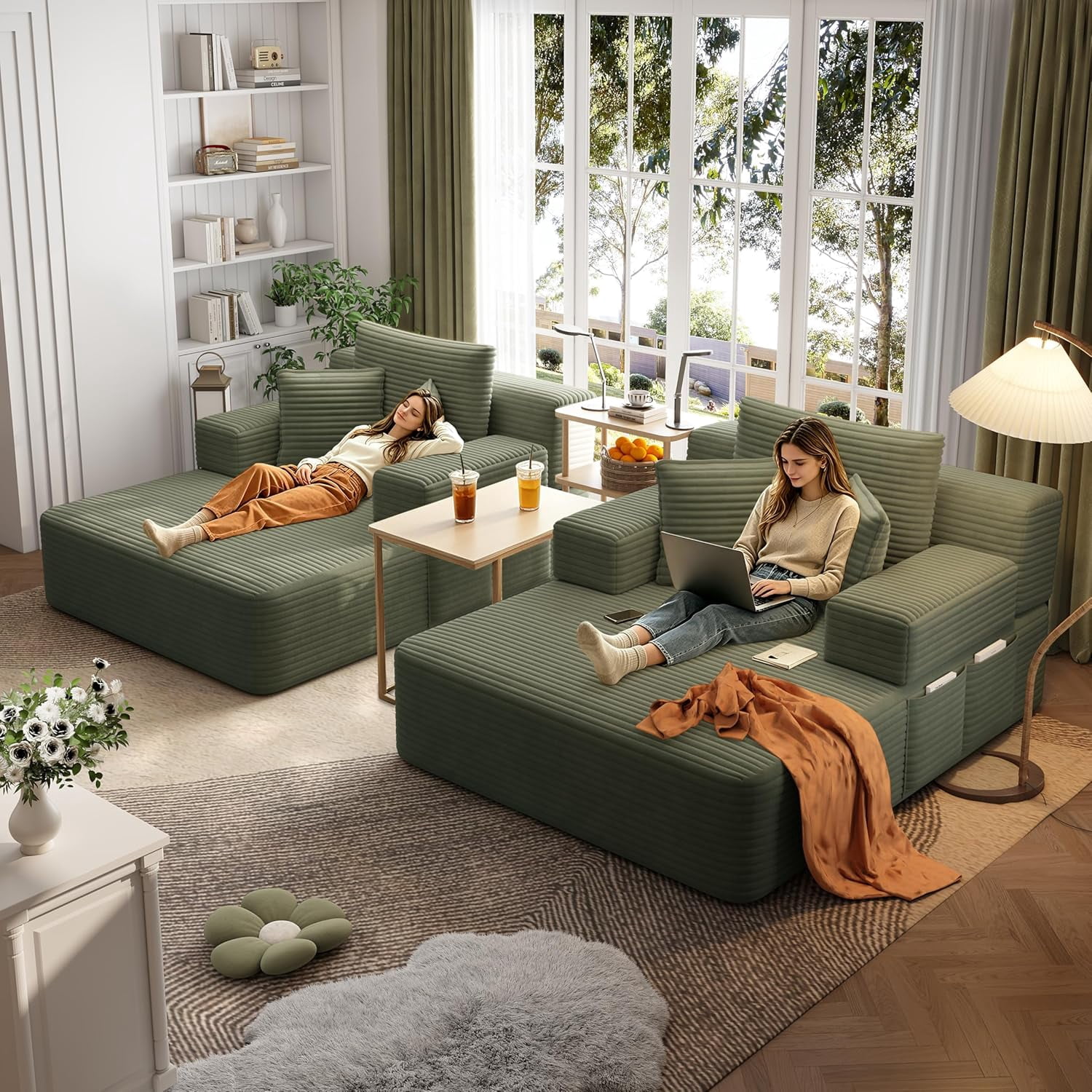 Double Chaise Lounge Indoor, Oversized Boneless Couch, Plush Corduroy Floor Chair with Side Pocket, Adjustable Armrest, Upholstered Loveseat Sofa Bed for Living Room, Balcony, Forest Green