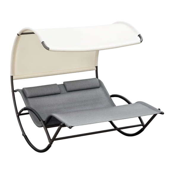 Double Chaise Rocking Chair, Outdoor Daybed Lounger with Canopy, Headrest, Armrests - Garden, Poolside - Light Gray