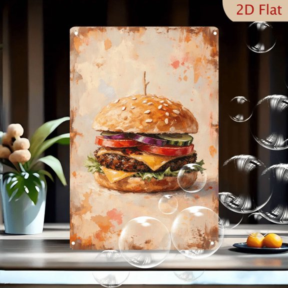 Double Cheeseburger Wall Art 8x12 Inch Metal Tin Sign, Impressionist Style Melted American Cheese & Beef Patty Painting for Kitchen, Diner or Restaurant Decor with Warm Abstract Background