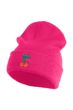 Double Cherries Fruit Iron on Patched 12 Inch Long Knitted Beanie - Magenta OSFM