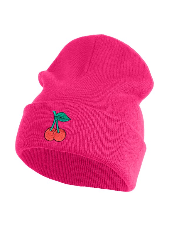 Double Cherries Fruit Iron on Patched 12 Inch Long Knitted Beanie - Magenta OSFM