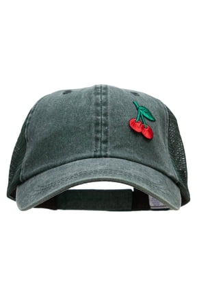 Double Cherries Fruit Patched Washed Trucker Cap - Dark Green OSFM