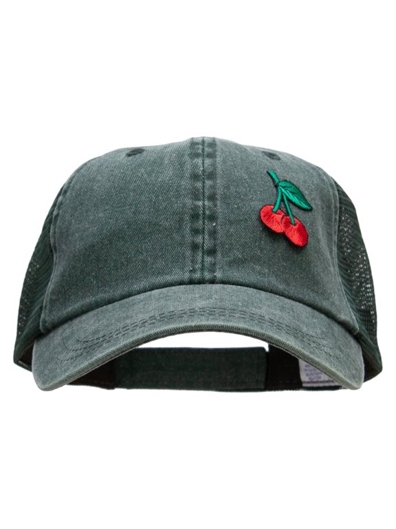 Double Cherries Fruit Patched Washed Trucker Cap - Dark Green OSFM