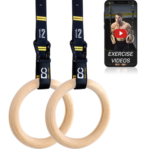 Double Circle Gymnastics Rings with Quick Adjust Numbered Straps and Exercise Videos Guide - Full Body Gym Rings - Calisthenics Rings Wooden Rings