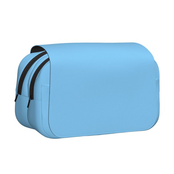 Double Clamshell Pen Case Oxford Cloth Pencil Case Large Capacity 2 Compartments Pen Bag With External Pocket For Office Travel Light Blue
