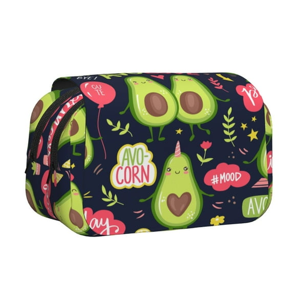 Double Clamshell Pencil Pen Case Women Men Large Capacity Pencil Pouch Office Stationery Organizer Multifunctional Pencil Pen Bag Cute Little Avocado