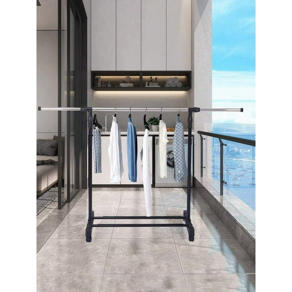 Double Clothing Rack, 130LB Capacity Heavy Duty Garment Rack With Wheels And Bottom Shelf, 55.51 Inch Long Rolling Clothes Racks For Hanging Clothes, Black