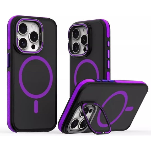 Double Color Skin Touch Feel Camera Bracket Magnetic Phone Case for iPhone, Compatible with (Purple,iPhone 14 Pro)