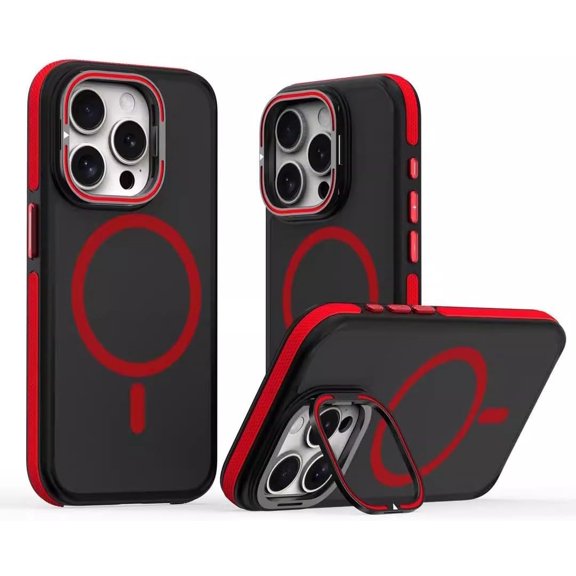 Double Color Skin Touch Feel Camera Bracket Magnetic Phone Case for iPhone, Compatible with (Red,iPhone 16)