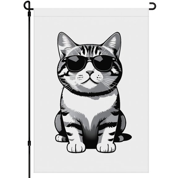 Double Colored Welcome Cat Large Garden Flag Decoration for Lawn Farmhouse Balcony Backyard, Washable Cartoon Style Fluffy Cat Kitten House Flags, Sunglasses Durable House Flags 28x40inch