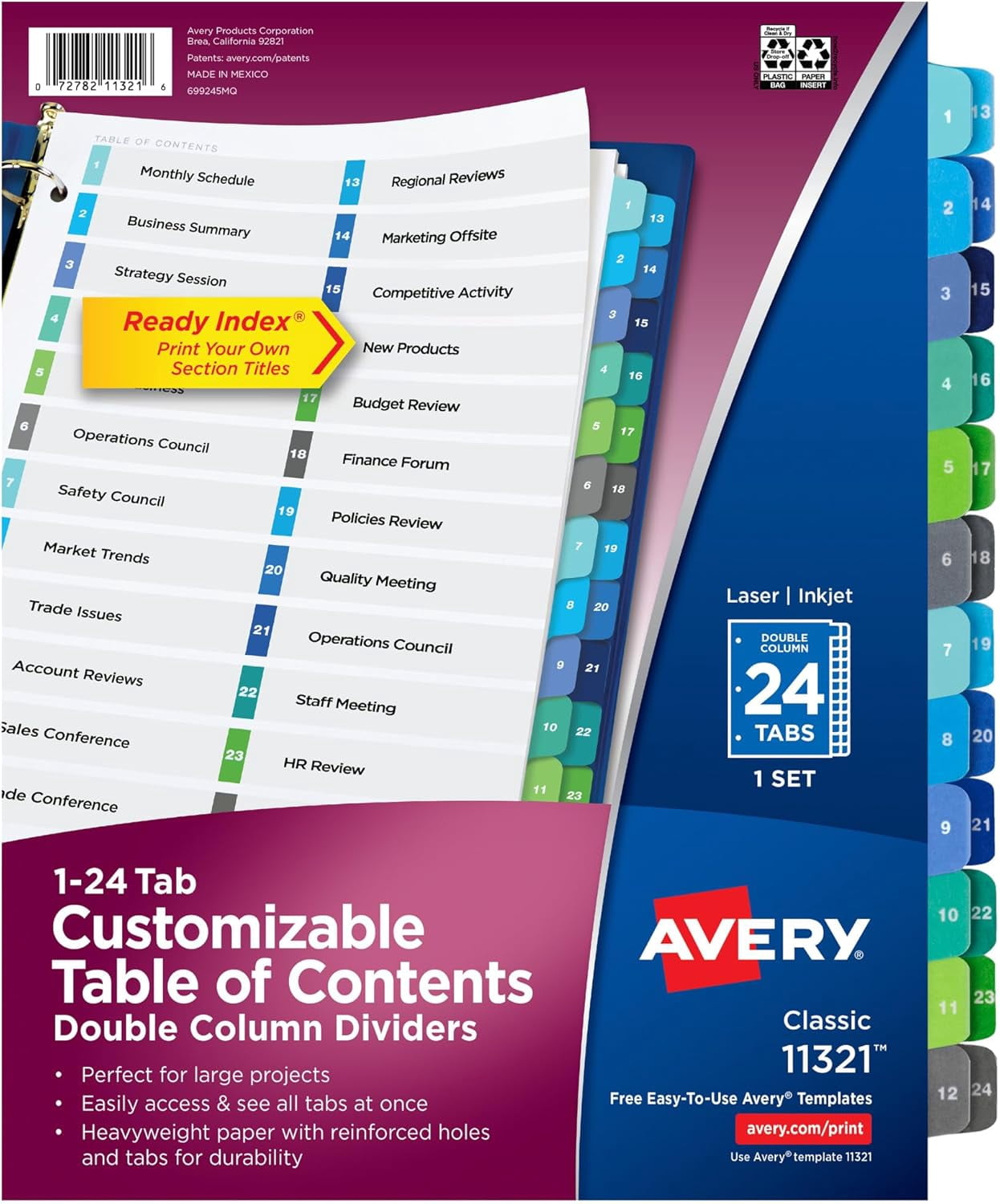 Double Column 24 Tab Dividers for 3 Ring Binders, Customizable Table of ...