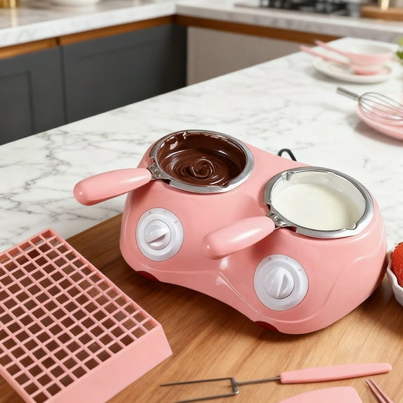 Double Compartment Chocolate Melting Pot with Temperature Control,Chocolate Melting Pot Kit with Molds and Fork,Mini Fondue Warmer for Candy & Dip Making,Includes 9 Molds & Tools, Home Dessert Kit