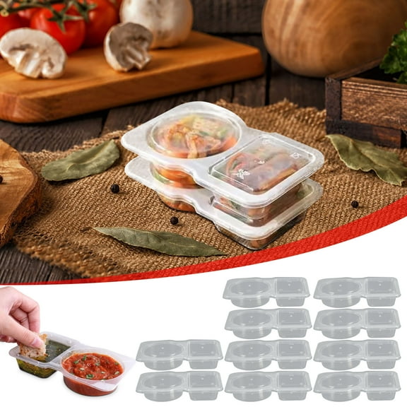 Double Compartment Condiment Container 10 Pack with Lids - 2 Compartment Snack Containers for Sauces Dips Dressings - Divided Food Storage Cups for Meal Prep Lunch Box Takeout Travel