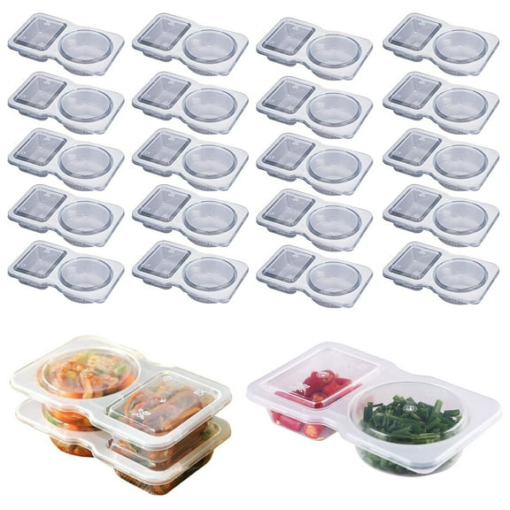 Double Compartment Condiment Containers with Lids, 2 Compartment Snack Containers, Portion Cups Reusable Plastic Snack Container for to-go Sauce, Sampling, Travel Snack