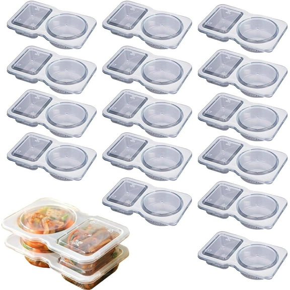 Double Compartment Condiment Containers with Lids, Disposable 2 Compartment Snack Containers, Portion Cups Reusable Plastic Snack Container for to-go Sauce, Sampling, Travel Snack - 15 Pcs