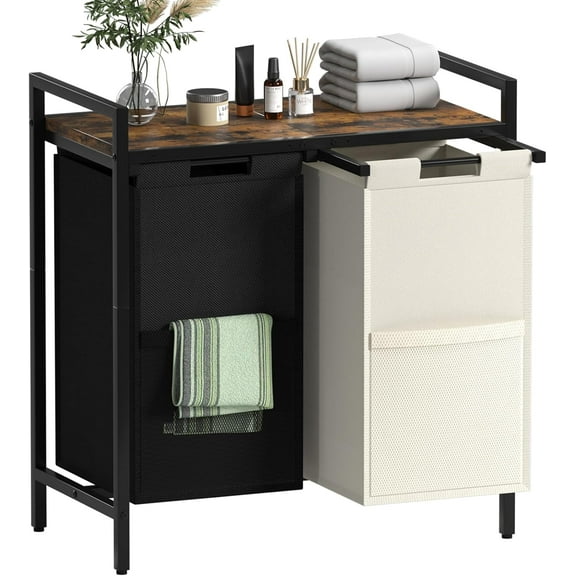 Double Compartment Laundry Basket, Laundry Sorter with Top Shelf, 2 Removable Washable Bags, Side Pockets, Black & White
