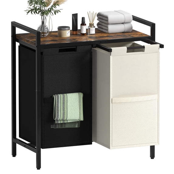 Double Compartment Laundry Basket, Laundry Sorter with Top Shelf, 2 Removable Washable Bags, Side Pockets, Black & White