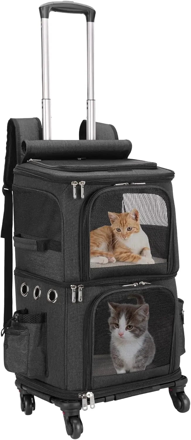 Double-Compartment Pet Carrier Backpack with Wheels for Small Cats and ...