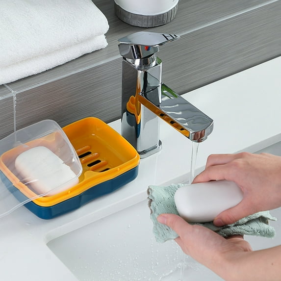 Double Compartment Soap Holder with Lid | Leak-Proof Travel Soap Case | Automatic Drainage Tray for Bathroom, Gym & Camping | Blue, Gray, Pink | 1-Piece