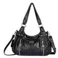 thumbnail image 1 of Double Compartments Washed Leather Purse Soft Leather Shoulder Bag Crossbody Bag Black, 1 of 6