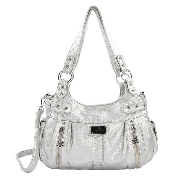 Double Compartments Washed Leather Purse Soft Leather Shoulder Bag Crossbody Bag Silver
