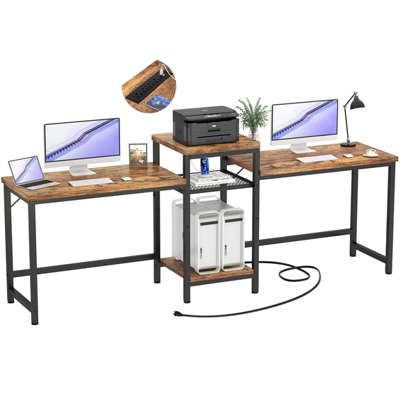 Double Computer Desk with USB and Outlets, 2 Person Workstation with Storage Shelves, Long Office Table for Home Gaming Study Craft, Rustic Brown