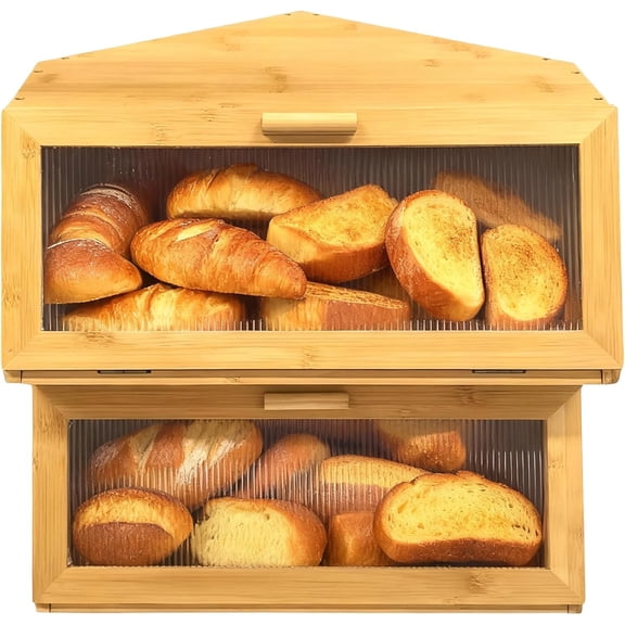 Double Corner Bread Box Storage for Kitchen Countertop. Extra Large Bamboo Boxes. Layer Bin Countertop Cabinet.