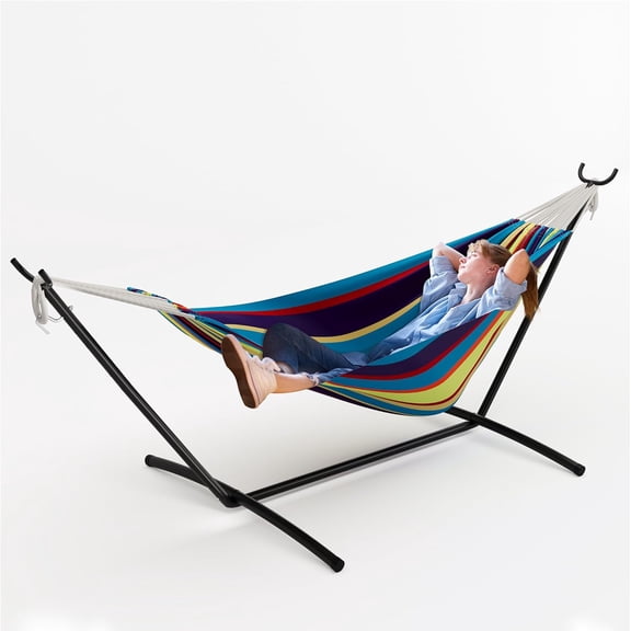 Double Cotton Hammock with Steel Stand for Outside, 450lbs Capacity Portable Indoor Outdoor Lounger with Carry Bag, 2-Person Capacity, Ideal for Backyard, Garden, Camping