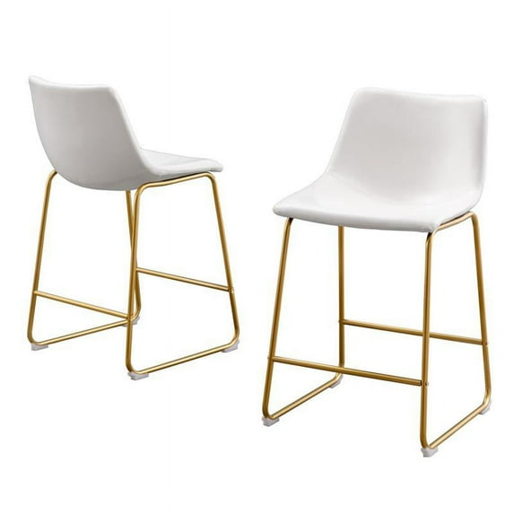 Double Counterheight Chairs in White Faux Leather w Gold Chrome Base (Set of 2)