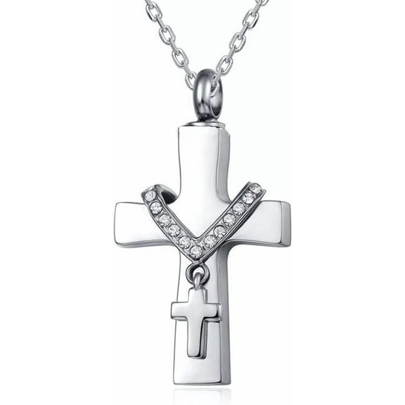 Double Cross Cremation Ash Urn Necklace with Crystal Stainless Steel Waterproof Cremation Jewelry Memorial Pendant (Silver Tone)