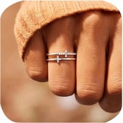 Double Cross Ring 18k Gold Plated Cubic Zirconia Simple Plain Stackable Statement Promise Rings Inspiration Christian Ring Faith Hope Love Cross Religious Ring Gift Silver 8#