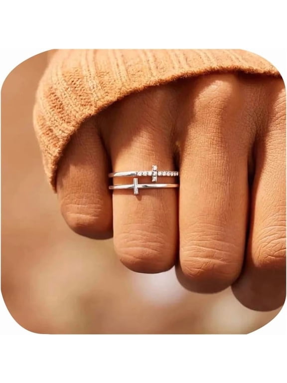 Double Cross Ring 18k Gold Plated Cubic Zirconia Simple Plain Stackable Statement Promise Rings Inspiration Christian Ring Faith Hope Love Cross Religious Ring Gift (Silver 8#)