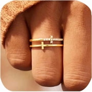 Double Cross Ring 18k Gold Plated Cubic Zirconia Simple Plain Stackable Statement Promise Rings Inspiration Christian Ring Faith Hope Love Cross Religious Ring Gift Silver 8#