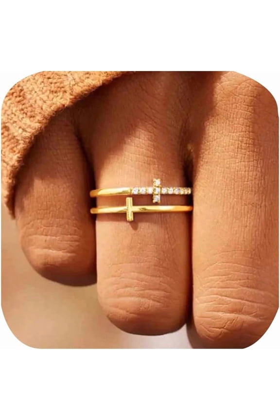 Double Cross Ring 18k Gold Plated Cubic Zirconia Simple Plain Stackable Statement Promise Rings Inspiration Christian Ring Faith Hope Love Cross Religious Ring Gift (Silver 8#)